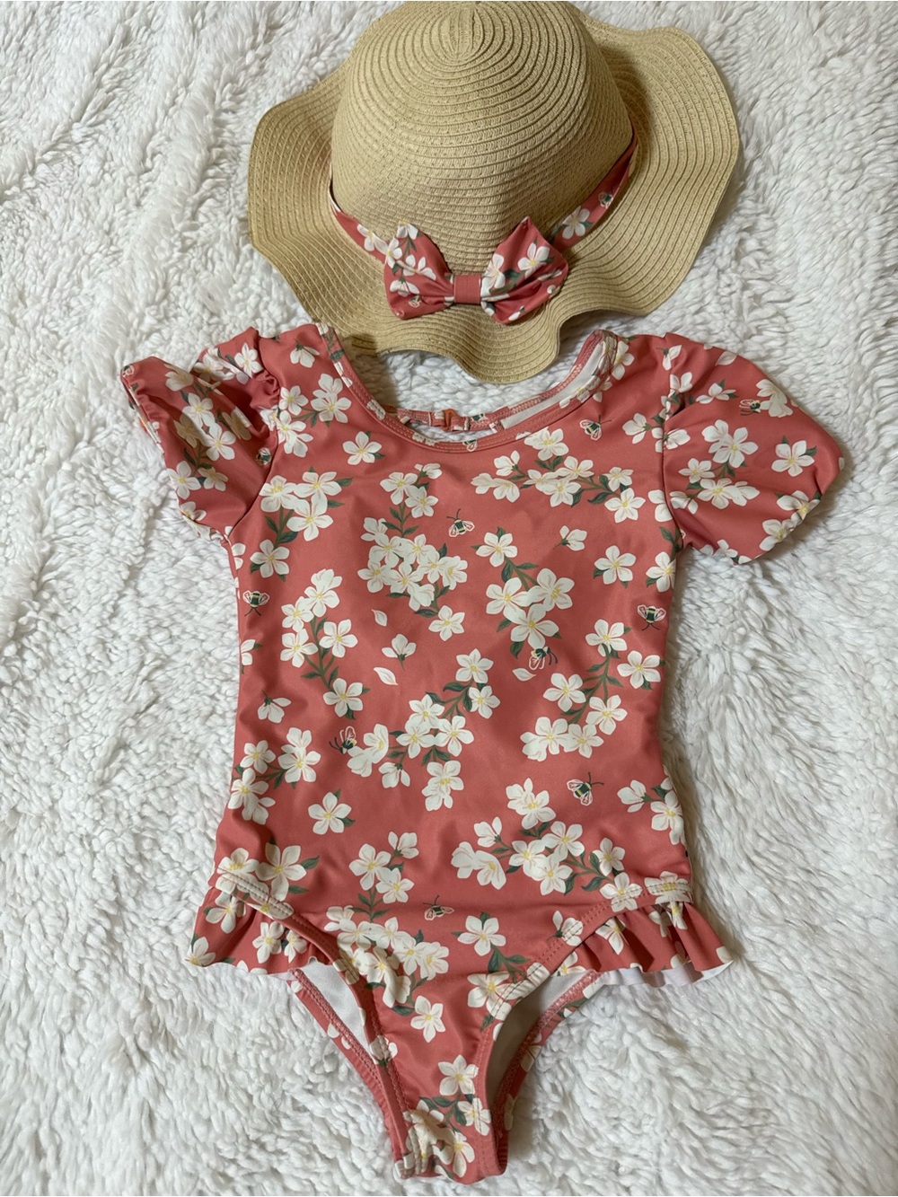 Tommy Bahamas Coral Floral Ruffle One-Piece Swimsuit with sun hat